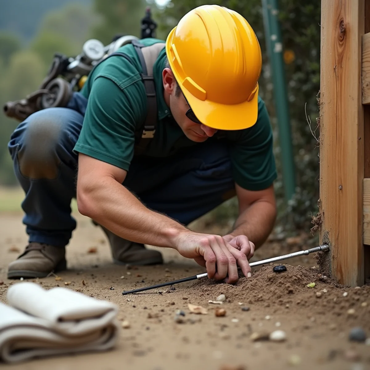 Testing fence post firmness at ground level using scratch awl to detect interior wood decay