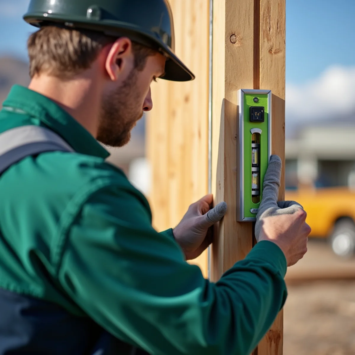 Checking vertical plumb alignment of corner fence post with 4-foot spirit level
