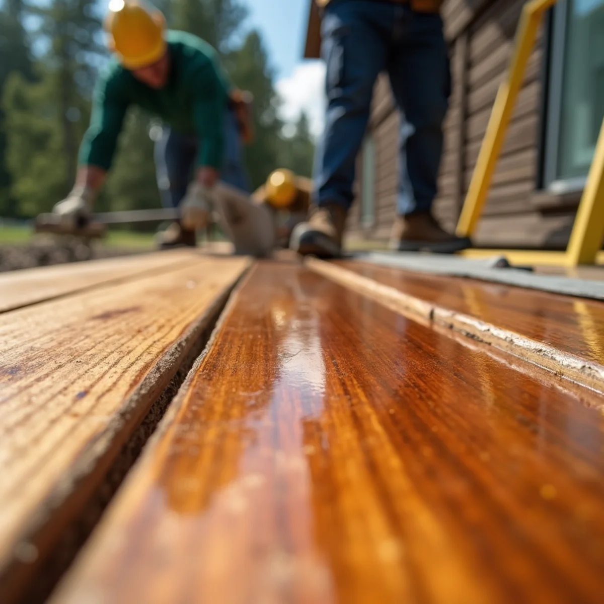Penetrating oil stain soaking deep into cedar deck wood grain without surface film