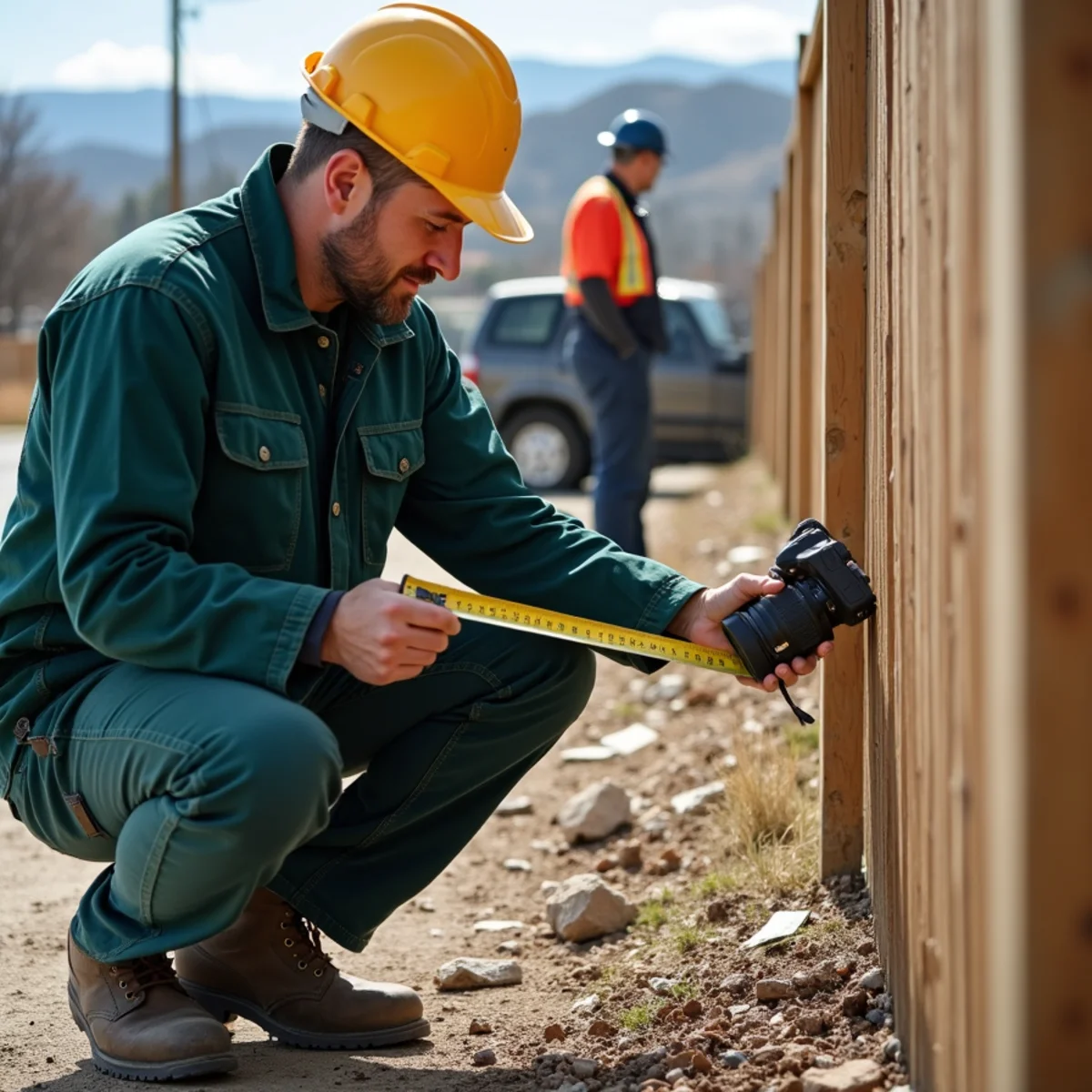 Documenting vehicular fence damage with measuring tape and evidence camera for insurance