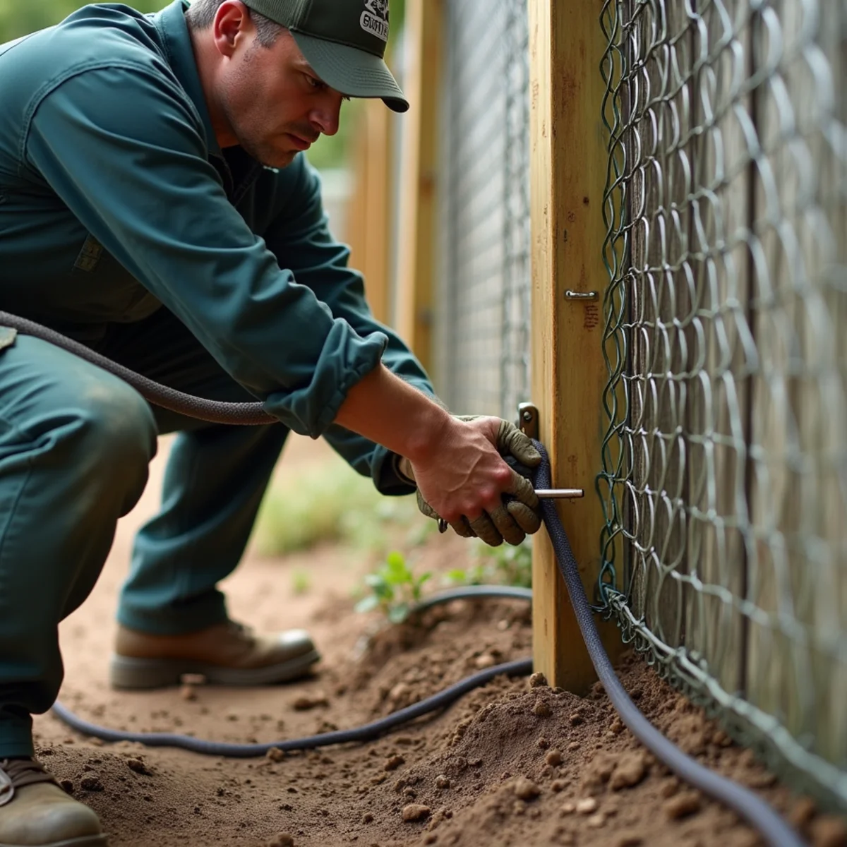Emergency lateral bracing of wind-damaged fence panel using steel T-post and ratchet strap