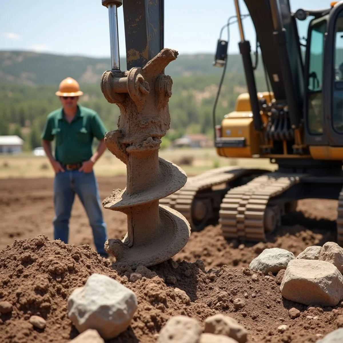 Auger extracting dense caliche clay and granite rock during post footing excavation
