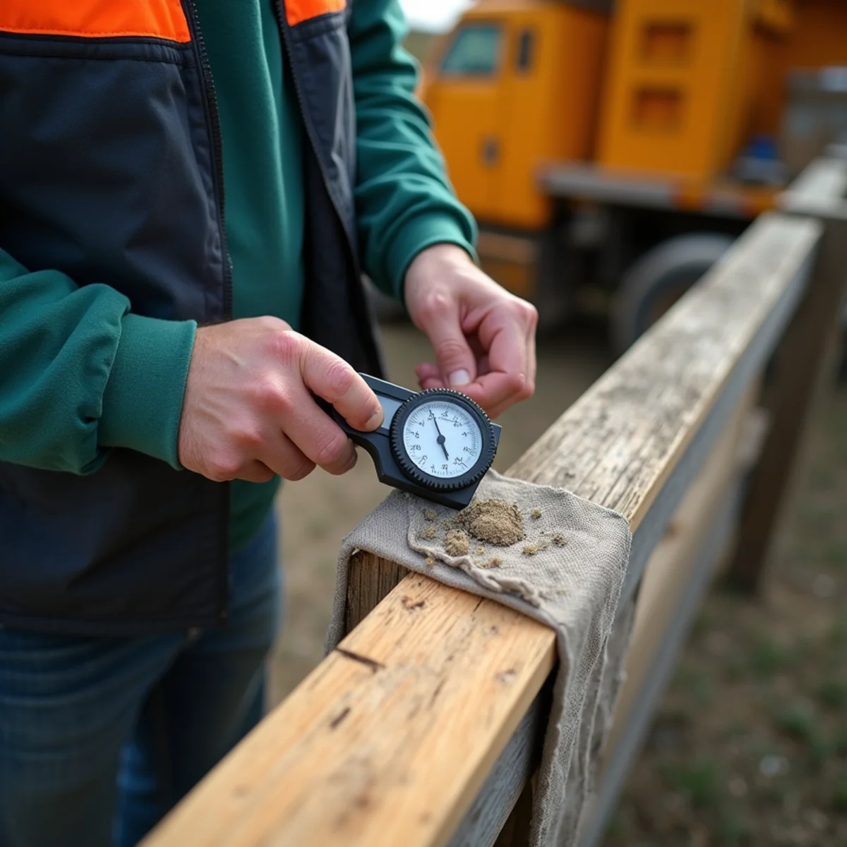 Digital depth caliper measuring depth of hailstone impact crater on cedar fence rail