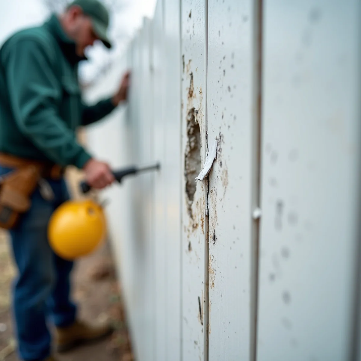 Spiderweb impact fractures and puncture holes on vinyl fence picket from large hail