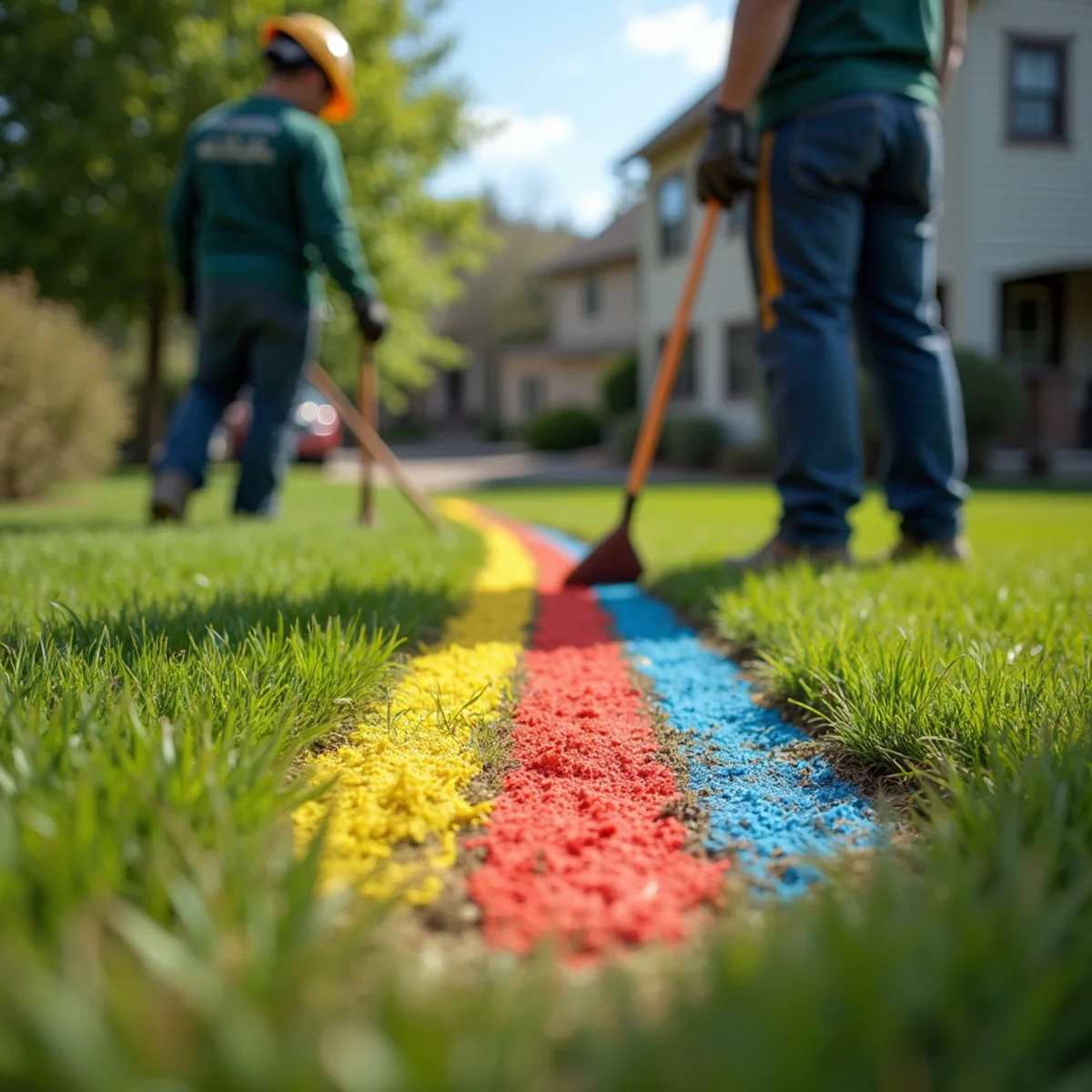 Underground utility locate flags and spray paint markings along fence excavation corridor