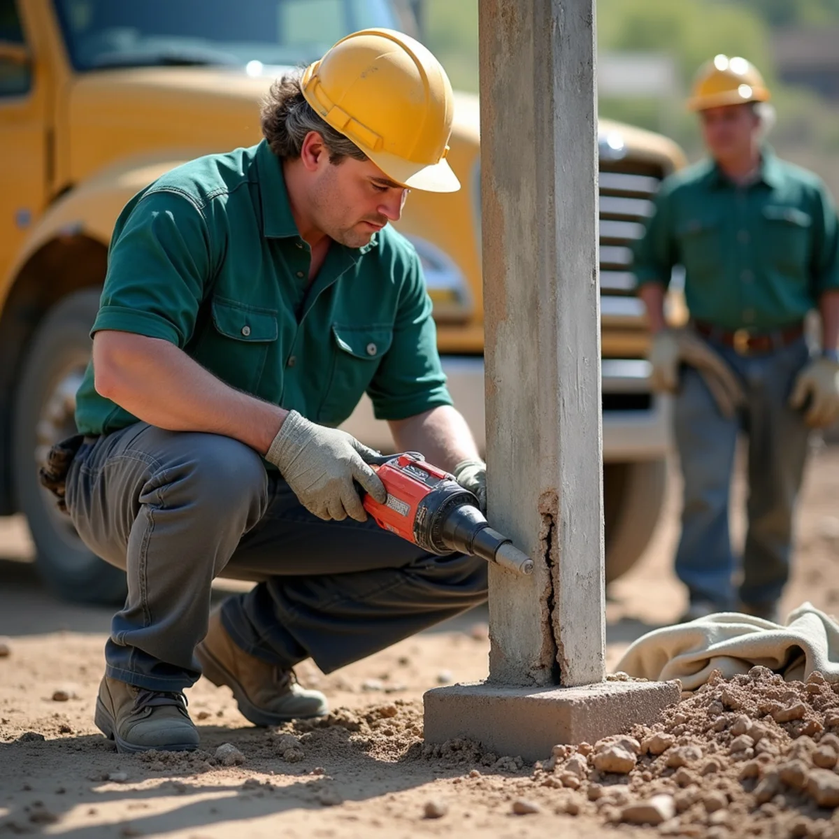 Demolition hammer breaking up fractured concrete footing plug around damaged fence post