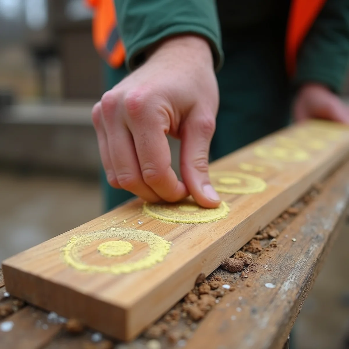 Yellow chalk circles highlighting hail impact indentations across wooden fence picket