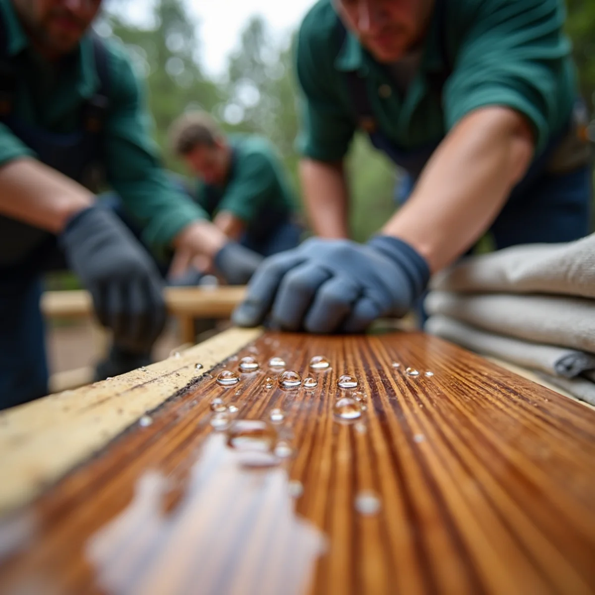Water droplets beading on sealed cedar picket showing effective moisture barrier