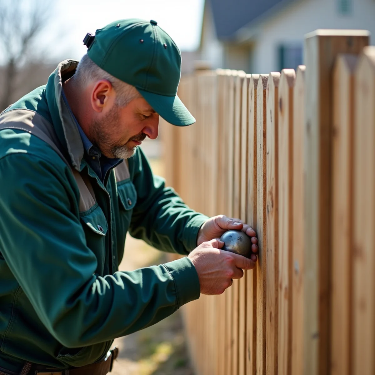 Inspector testing picket spacing with 4-inch sphere to verify barrier non-climbability