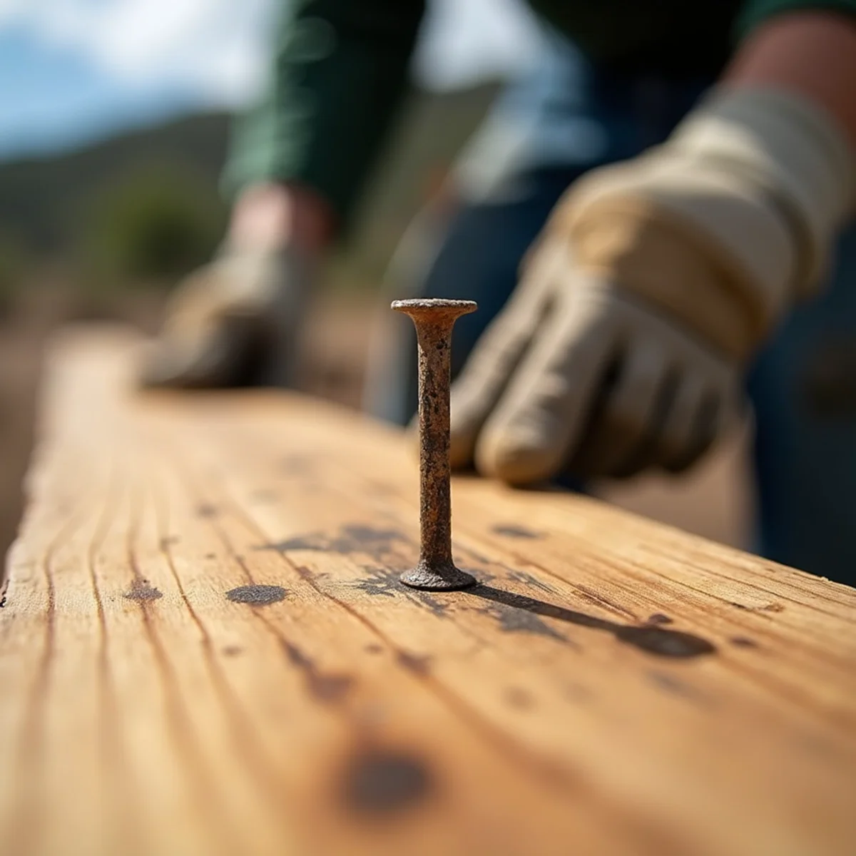 Popped smooth-shank pneumatic nail backed out of warped cedar fence picket with rust stain