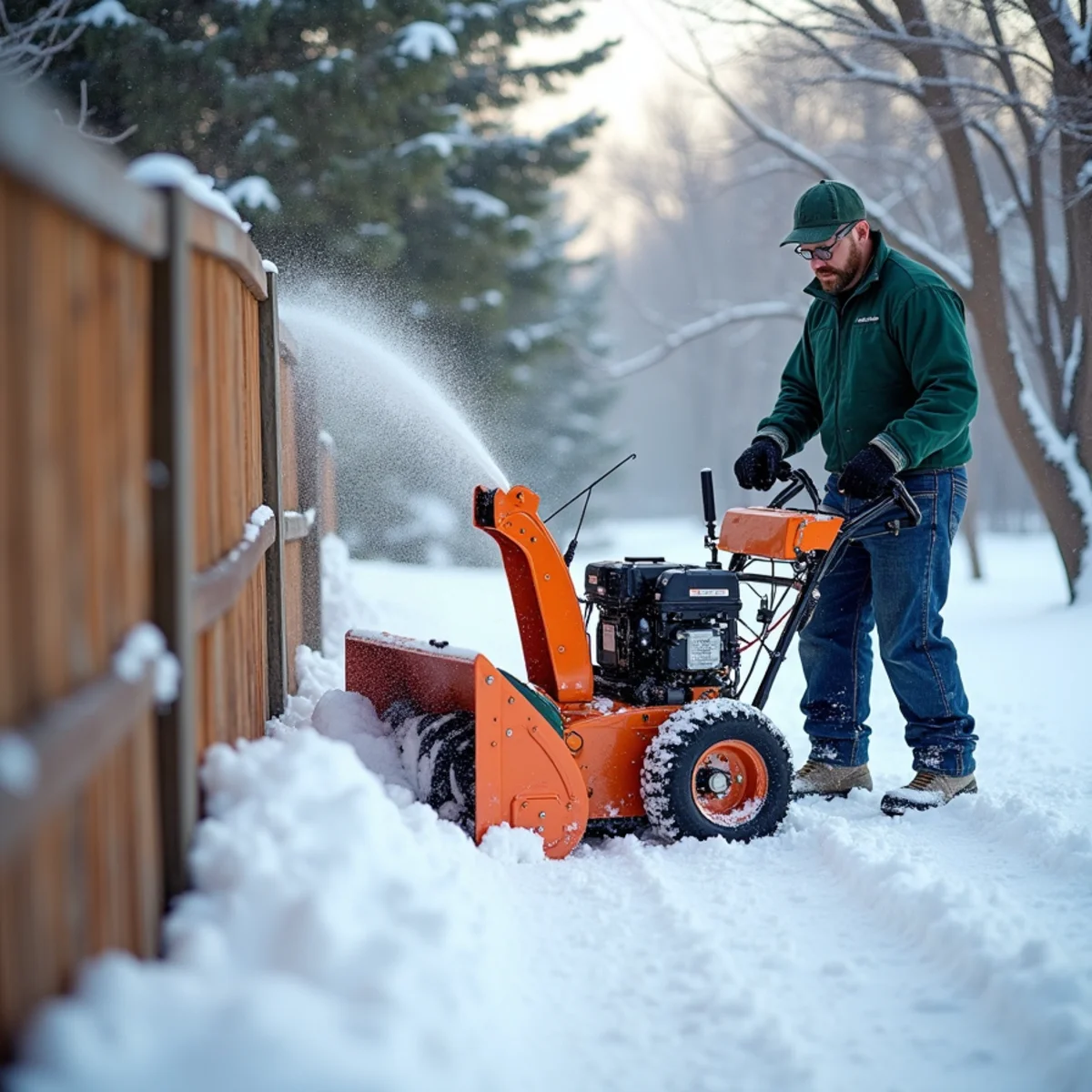 Maintaining clearance between snowblower discharge and bottom vinyl fence rail