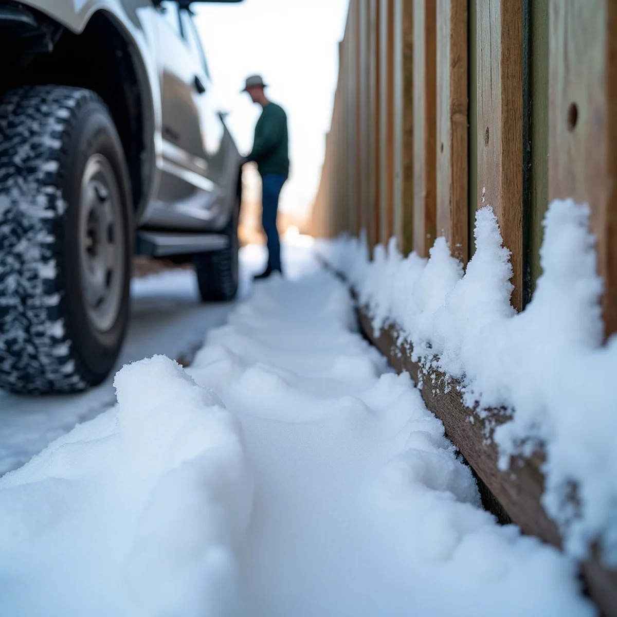 Three-inch clearance gap maintained between cedar fence pickets and snow drift