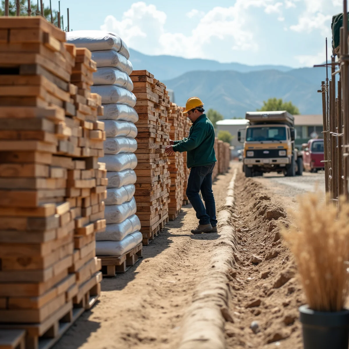 Organized lumber pallets and concrete staged for community perimeter project