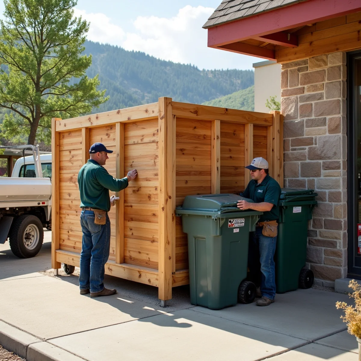 Commercial solid cedar dumpster enclosure screening waste containers