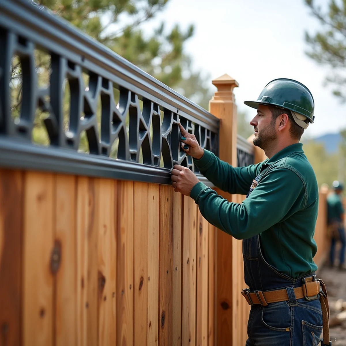 Laser-cut steel decorative metal panel inset in cedar privacy fence top