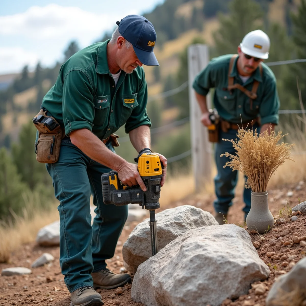 Drilling diamond core hole into natural granite rock for fence post anchor