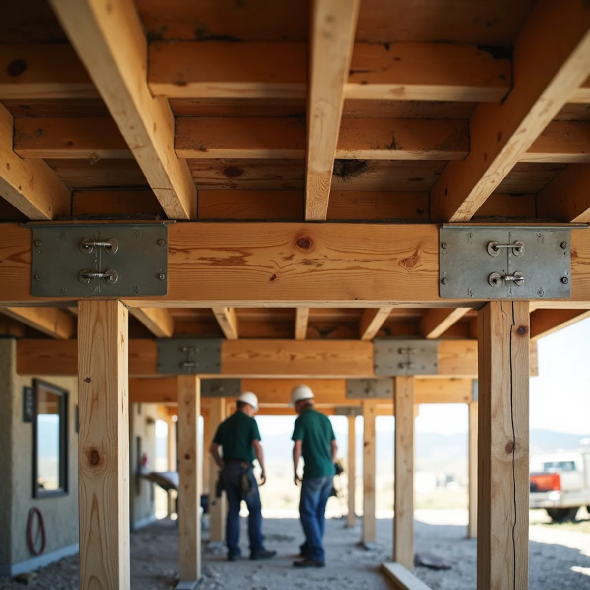 Pressure-treated deck framing joists secured with galvanized structural hangers