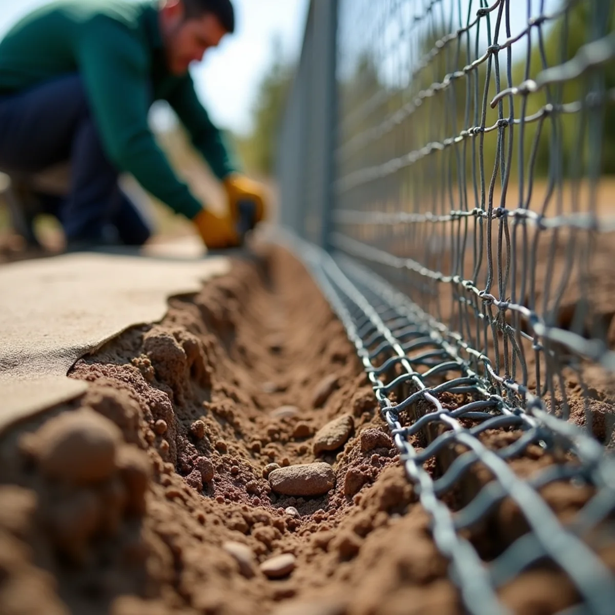 Anti-dig wire mesh buried beneath ground along lower fence boundary