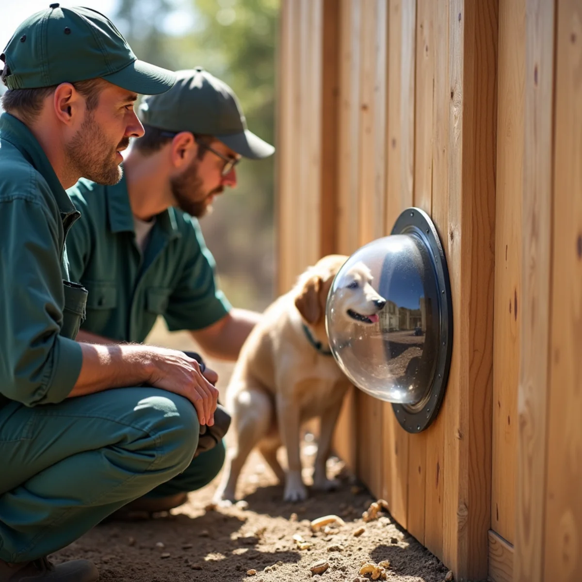 Acrylic dome pet peek window installed in cedar privacy fence picket