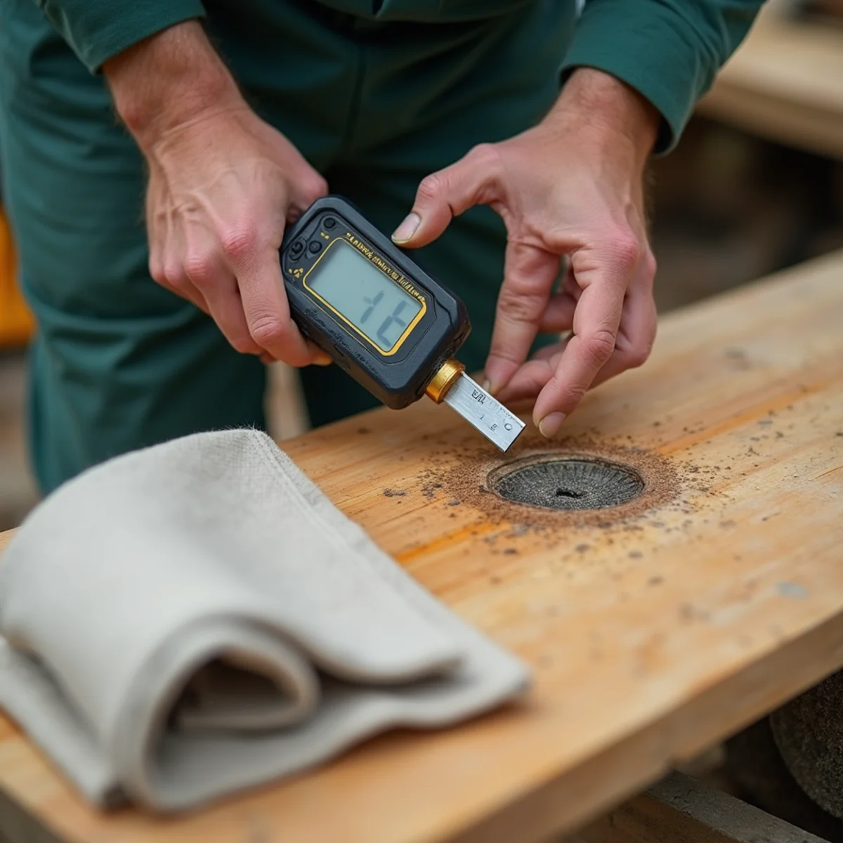 Measuring hail impact crater depth on cedar picket with digital gauge