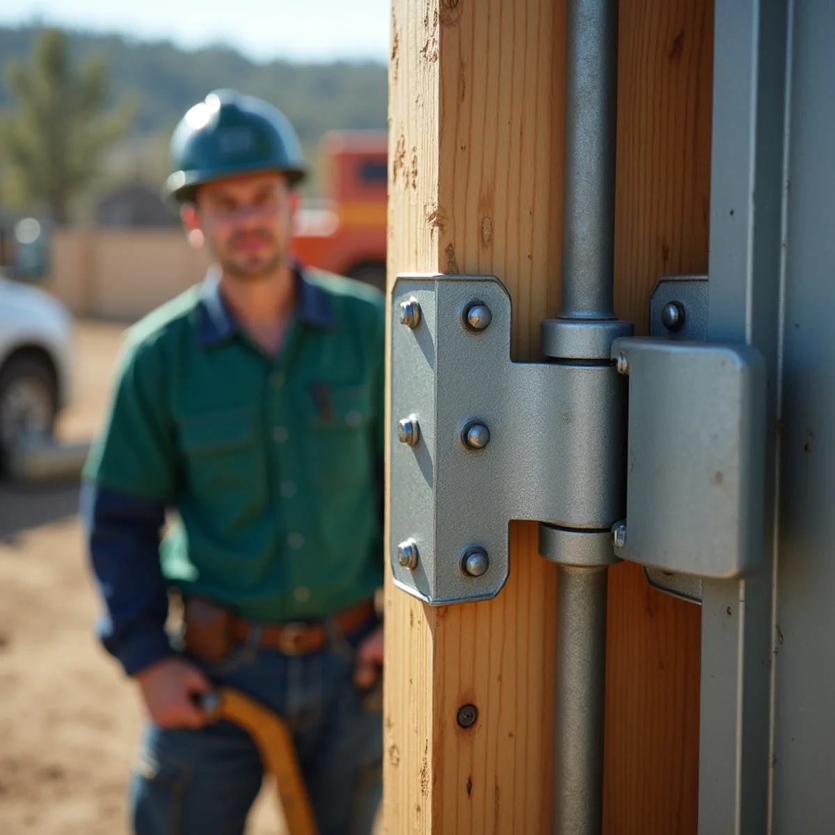 Heavy galvanized steel J-bolt hinge mounted through 6x6 gate post