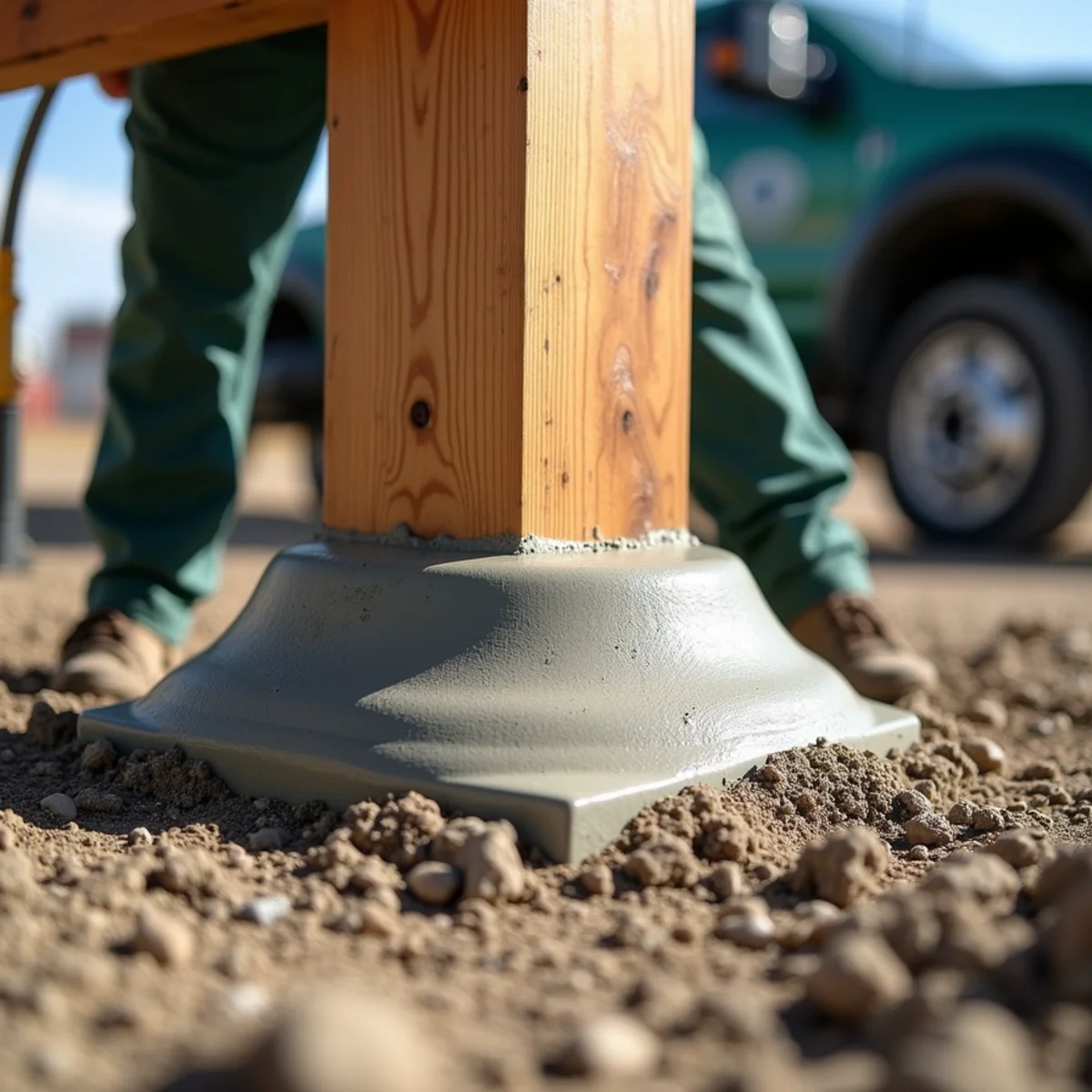Troweling concrete footing collar dome around cedar post base