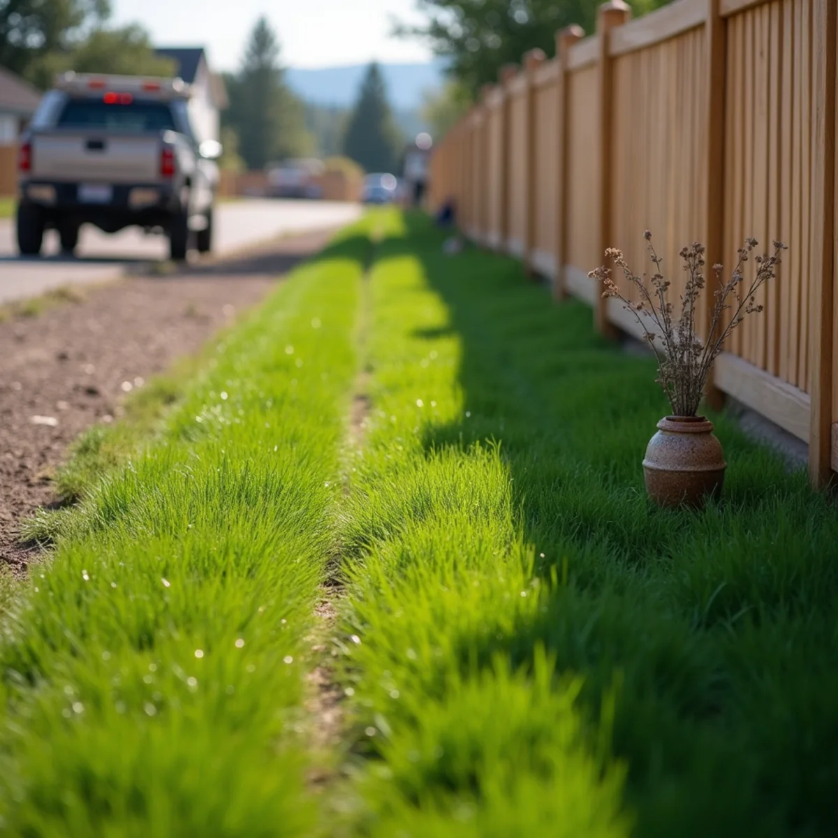 Racked fence pickets flowing parallel to natural yard slope