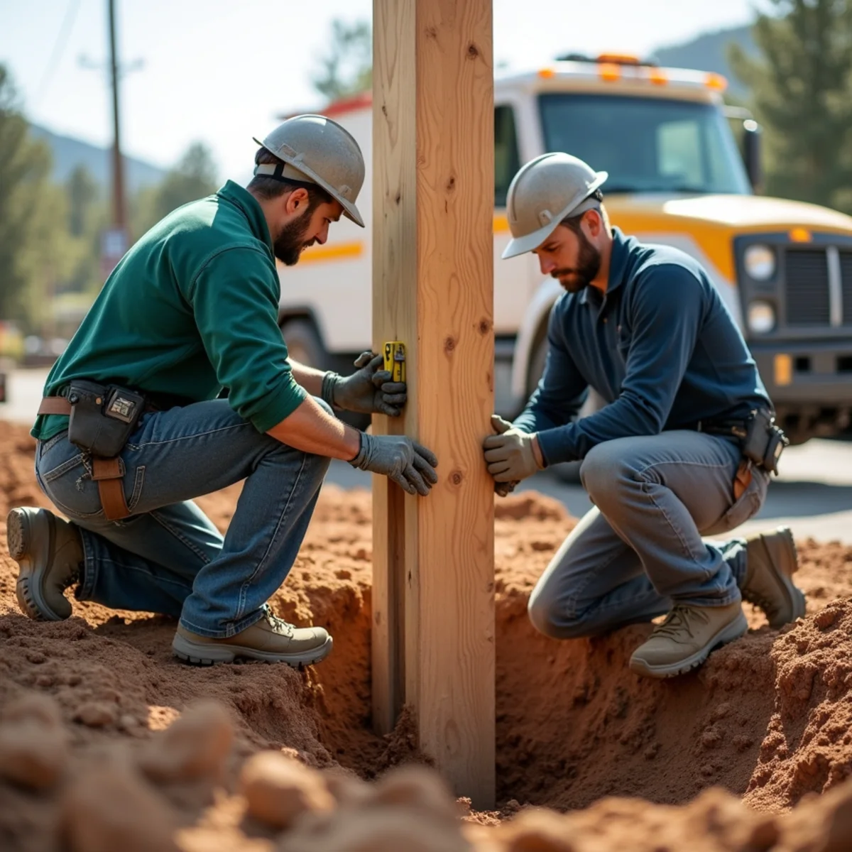Setting structural cedar fence post into deep concrete footing with magnetic level
