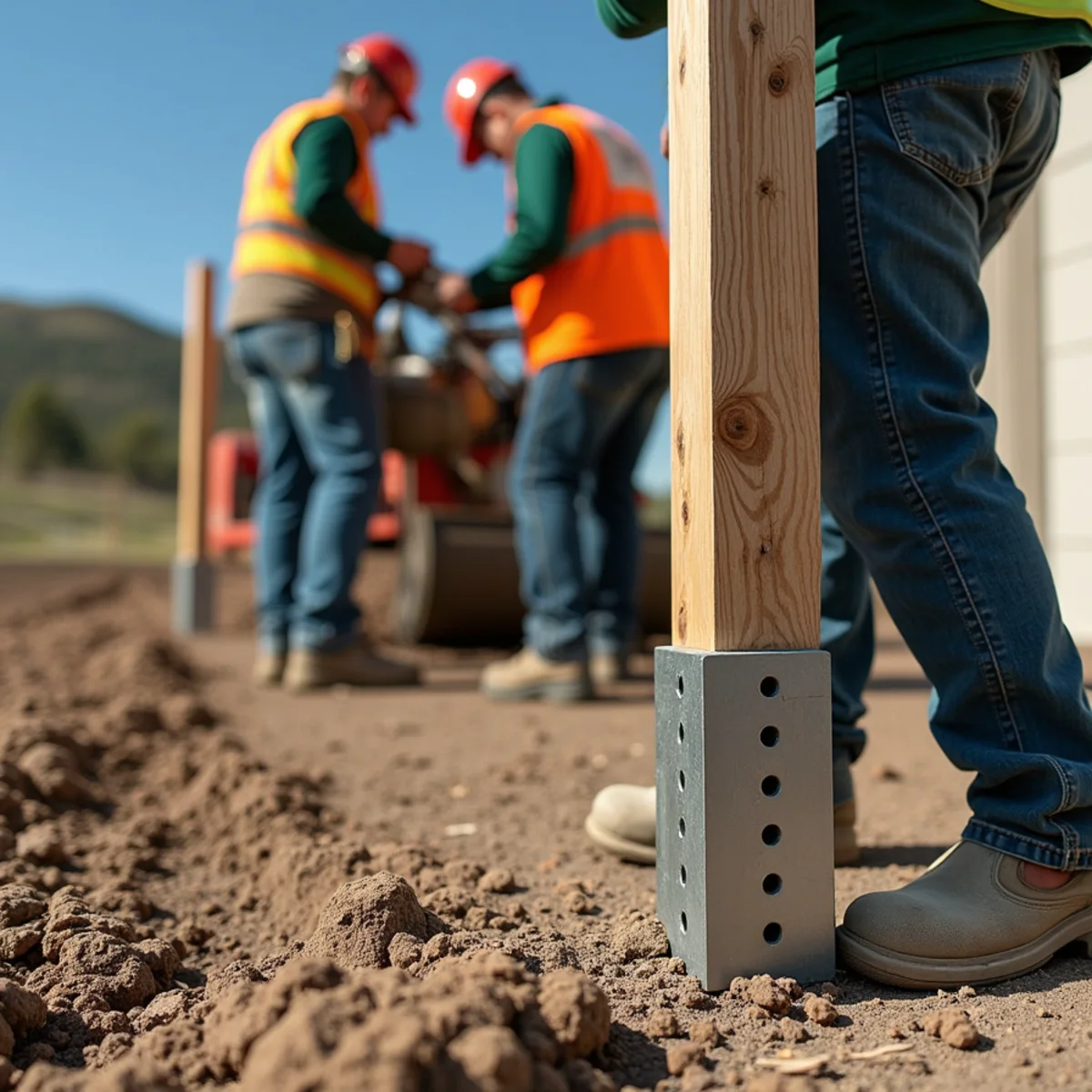 Steel PostMaster bracket driven deep behind timber post for lateral reinforcement