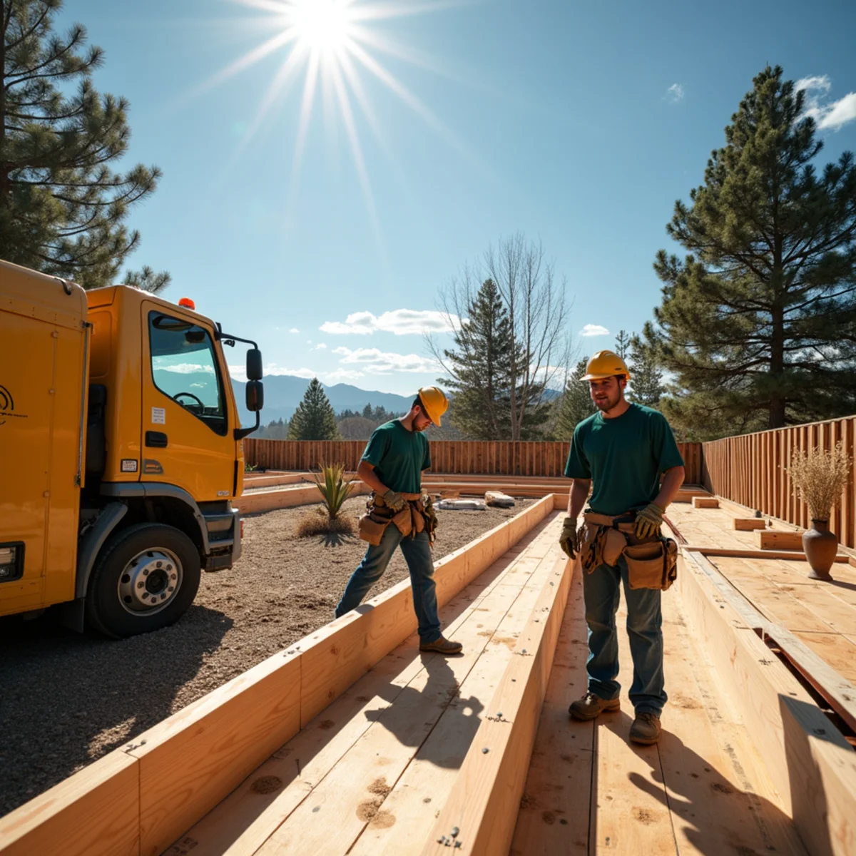 Freshly framed horizontal rails stretching across residential backyard