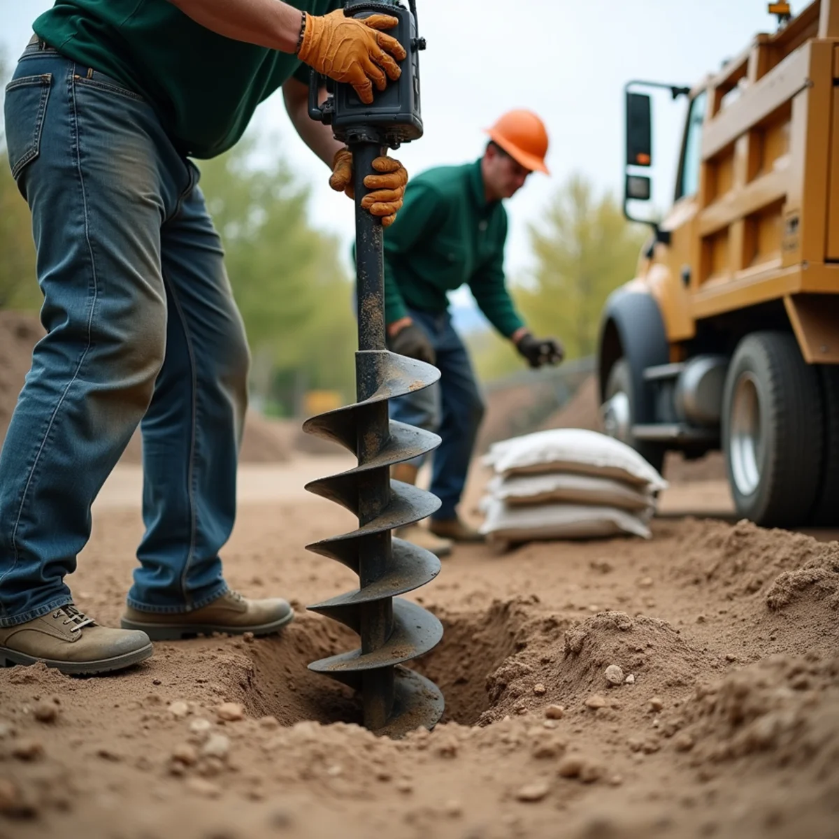 Hydraulic auger drilling a 24-inch deep fence post hole in Colorado soil