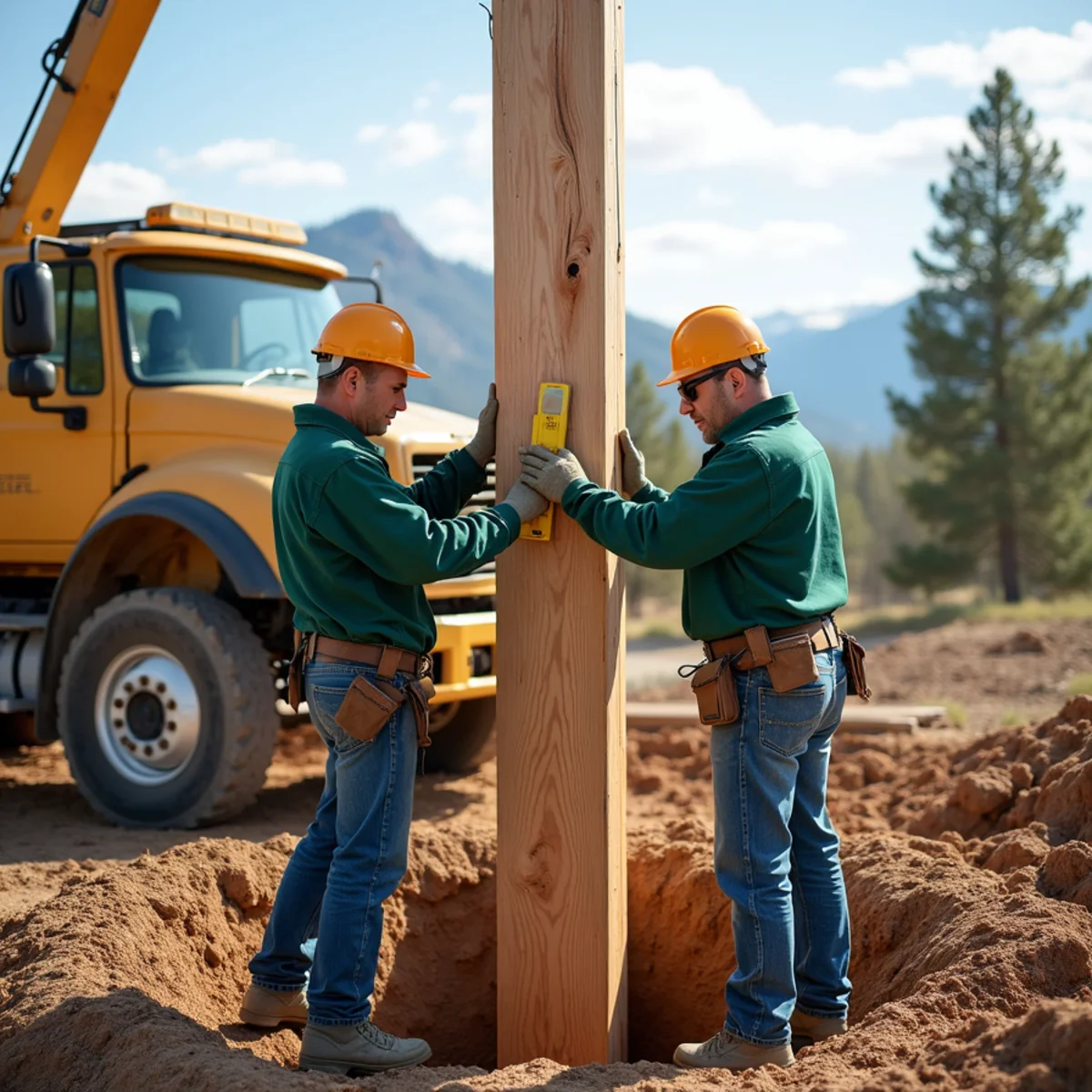 Raising 10-foot tall structural timber post into deep footing hole