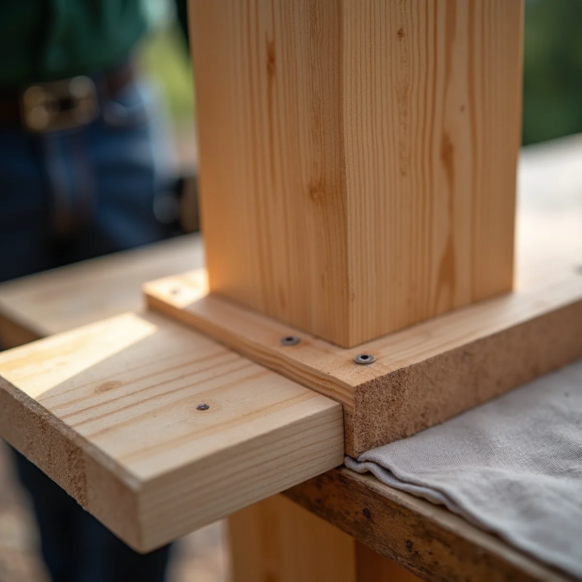 Square cedar post with horizontal 2x6 rails fastened with ceramic screws