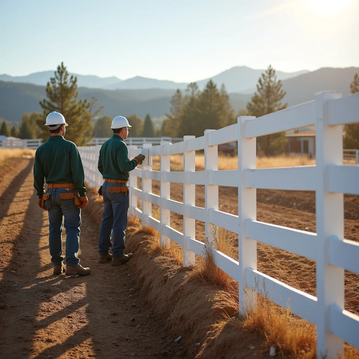 Square-post three-rail white ranch fence bordering equestrian property