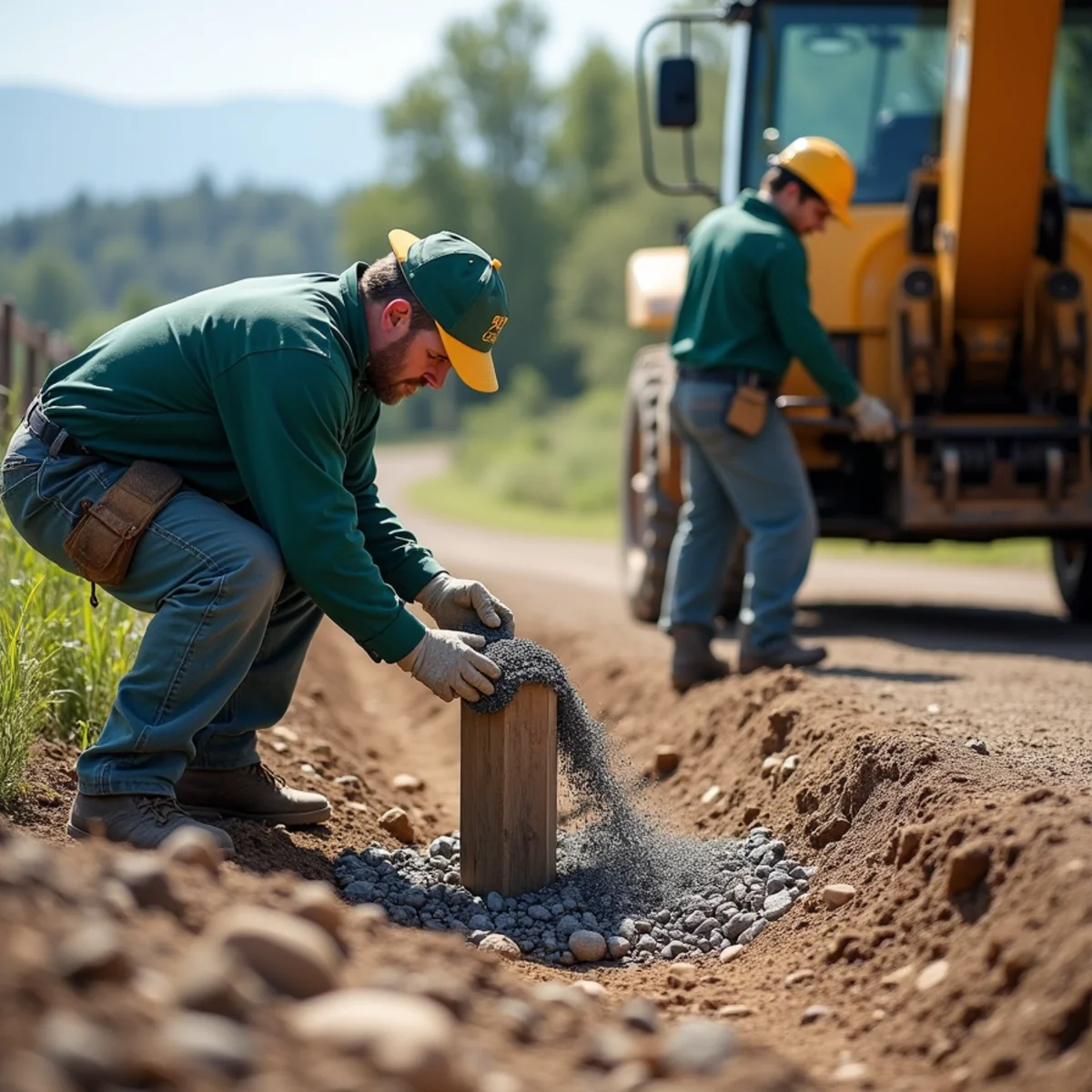 Pouring crushed drainage rock into split rail post hole before concrete