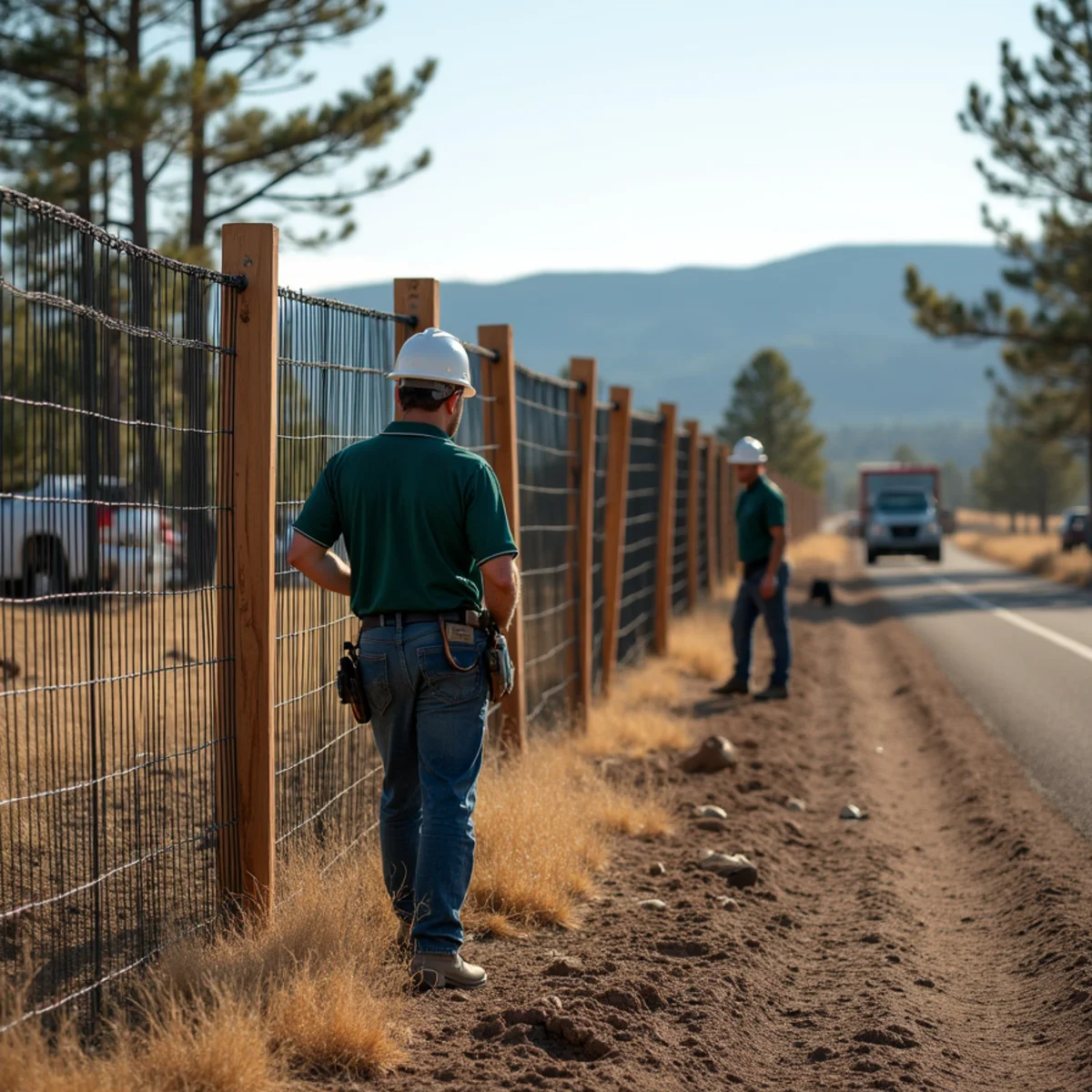 Square-post cedar ranch rail fence with black wire backing along scenic foothill grade