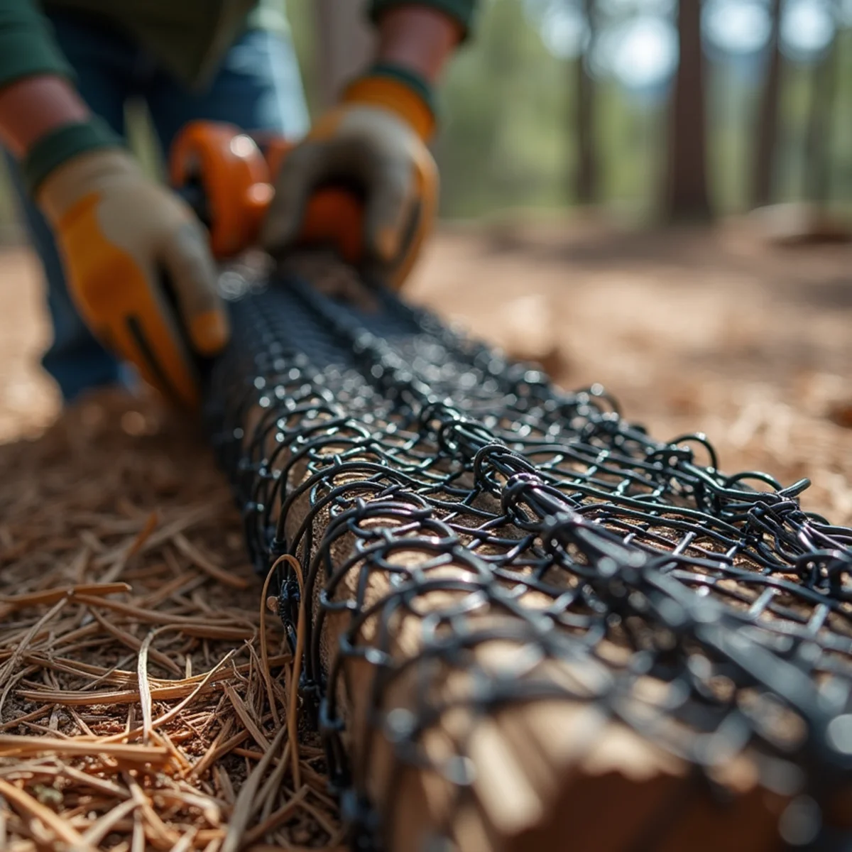 Black protective wire mesh blending into pine forest backdrop on split rail fence