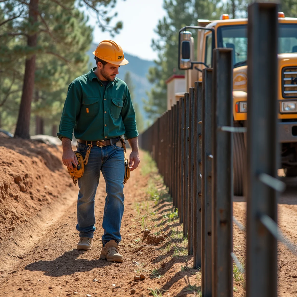 Wildfire mitigation perimeter fencing with cleared defensible space buffer