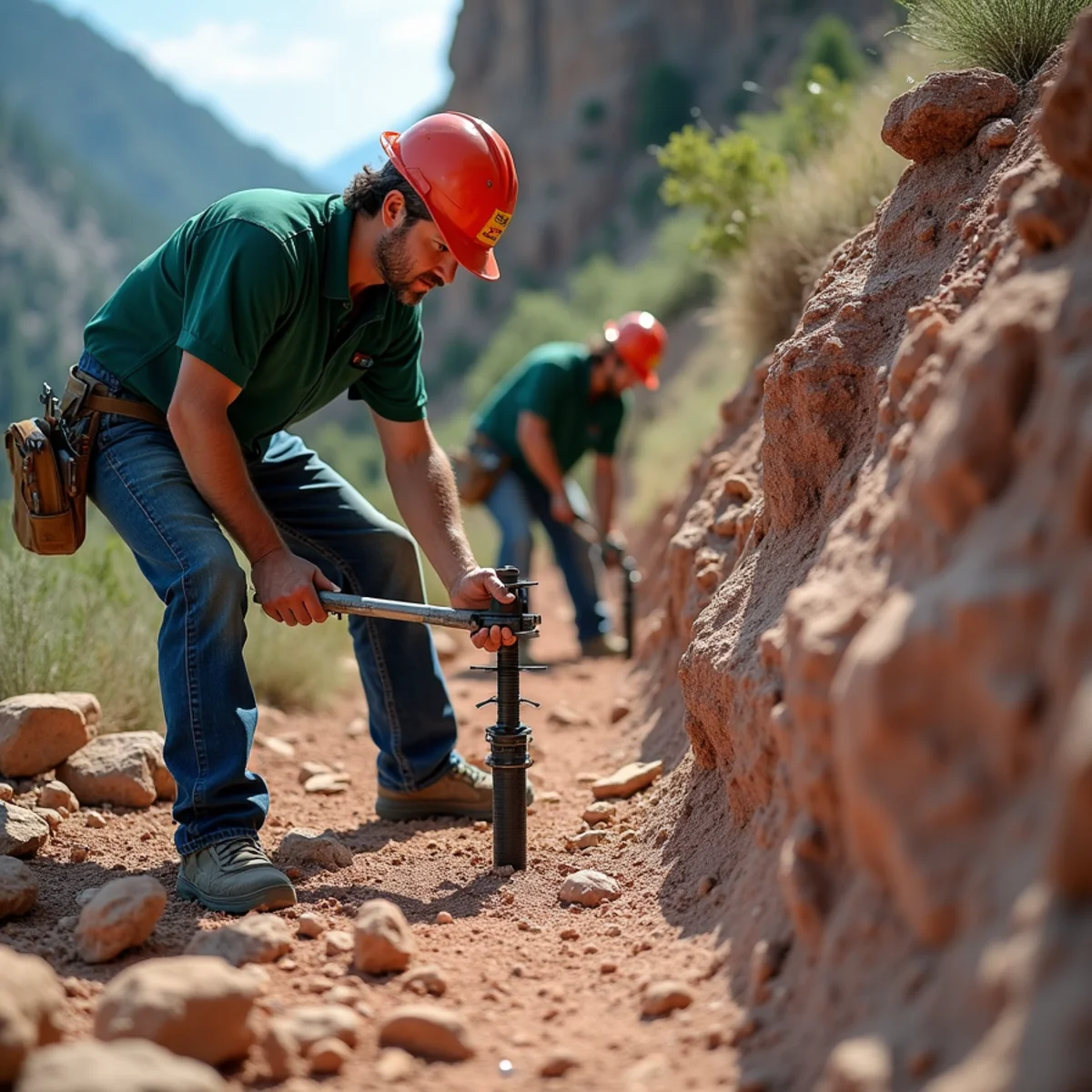 Diamond core drill anchoring fence post hole into solid mountain granite bedrock
