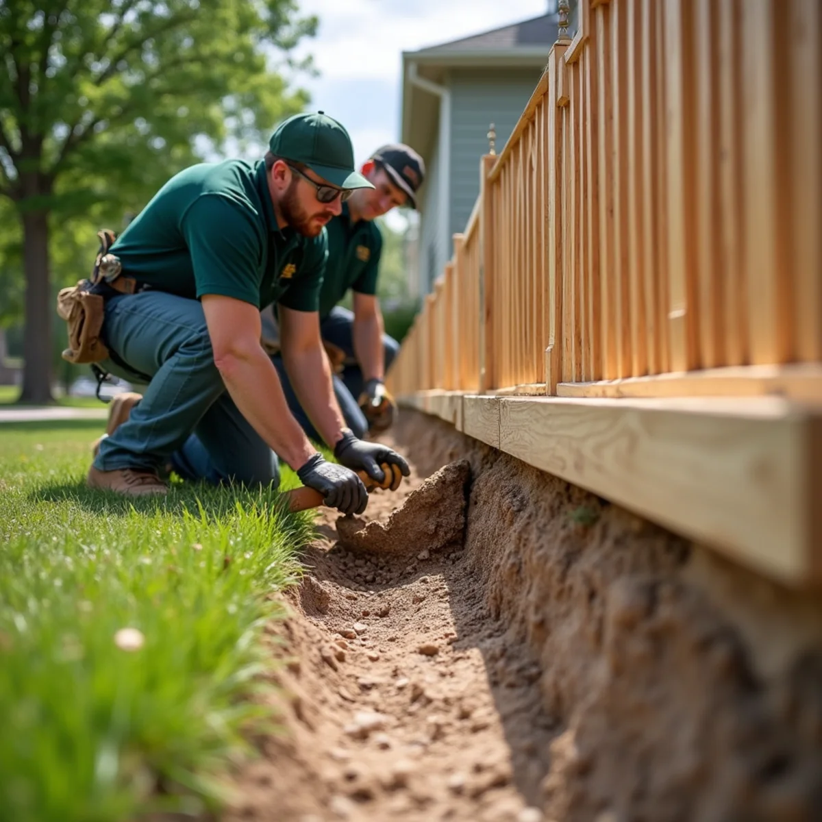 Pressure-treated rot board installed beneath pickets along sloped lawn edge