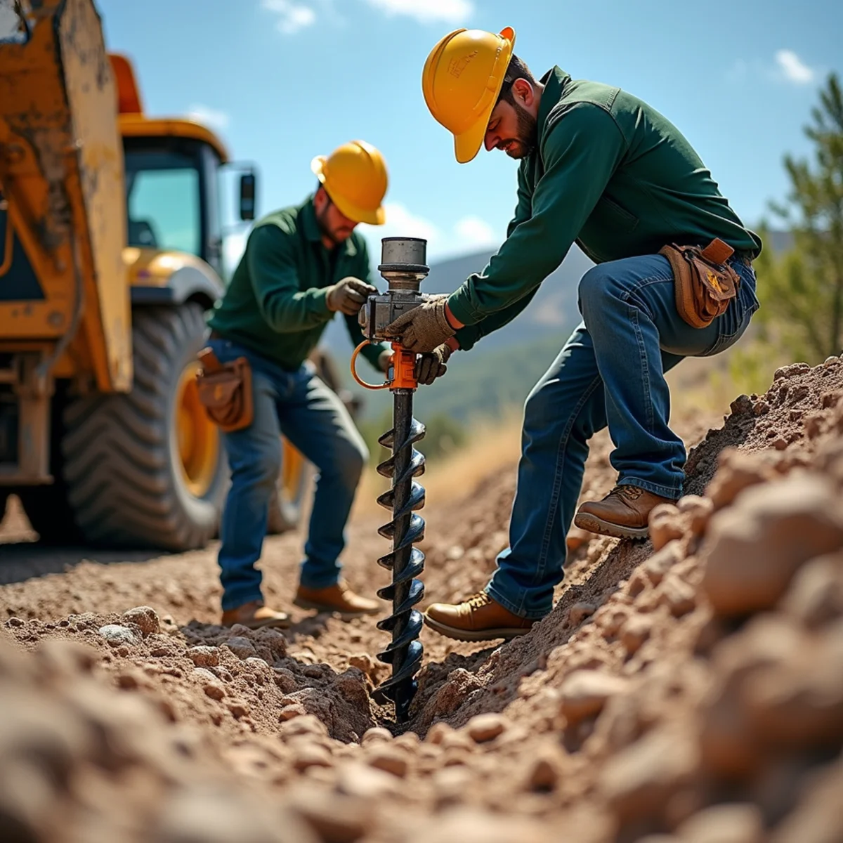 Pneumatic rock drill fracturing mountain granite bedrock for fence post footing