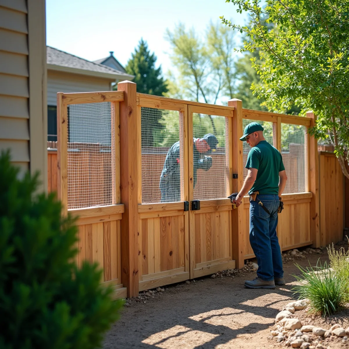 Elevated perimeter fence barrier protecting mountain landscaping from mule deer
