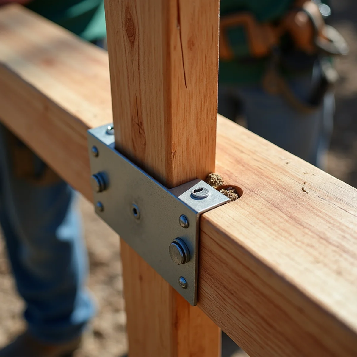 Cedar framing rail seated in heavy-duty galvanized post bracket